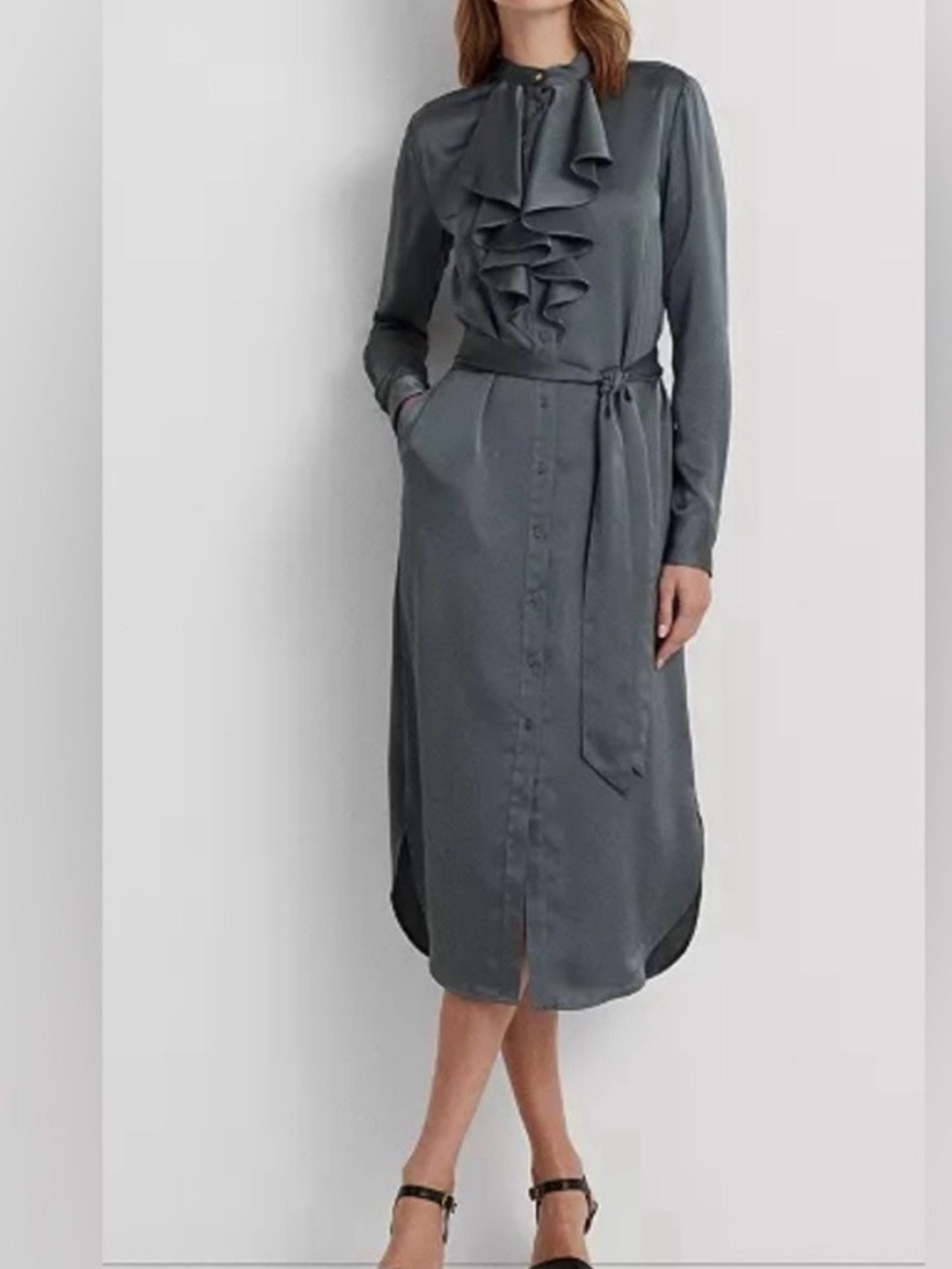 Lauren Ralph Lauren Ruffle-Trim Satin Charmeuse Shirtdress - Size 14